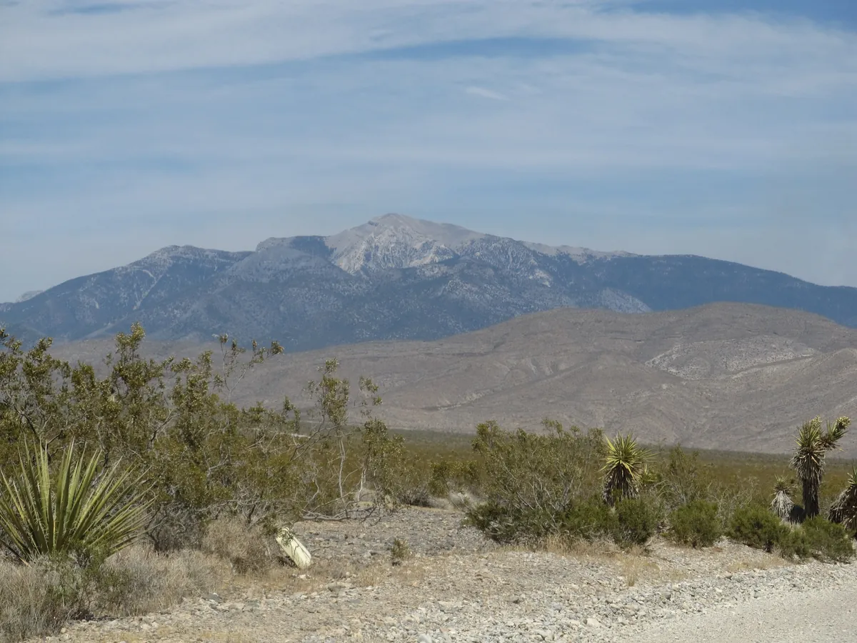 Mount Charleston and the Spring Mountains seen across the desert from Pahrump