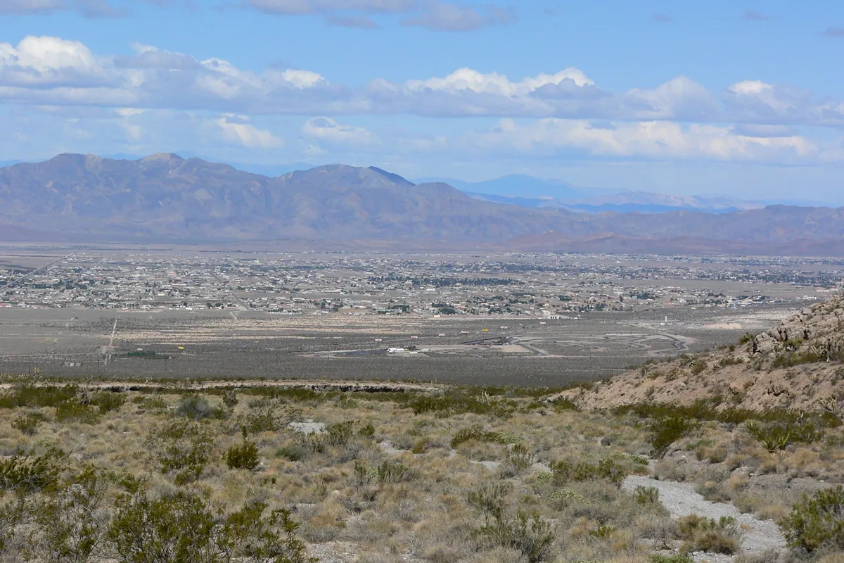 The Pahrump Valley spread out below the mountains, seen from Carpenter Canyon Road